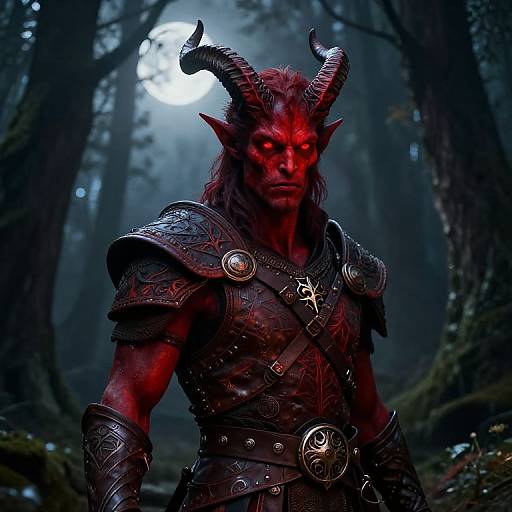 Digital artwork of a red-skinned demon with glowing red eyes, black horns, and intricately designed dark armor in a misty forest.