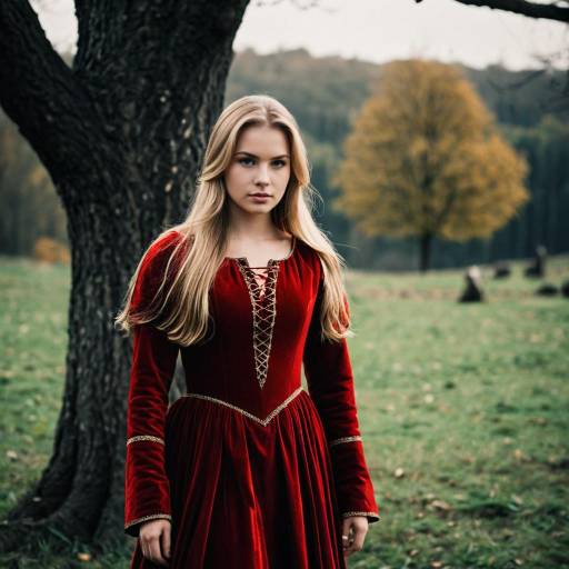 Blonde Girl in Red Medieval Dress