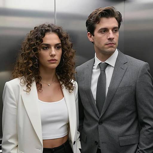 Serious Businessman and Woman in Elevator
