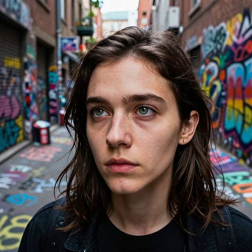Photograph of a young woman with fair skin, green eyes, and brown hair in a graffiti-filled urban alleyway, wearing a black top, with