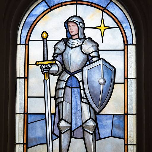 Stained glass depiction of a medieval knight in silver armor, holding a sword and shield, standing before an arched window.