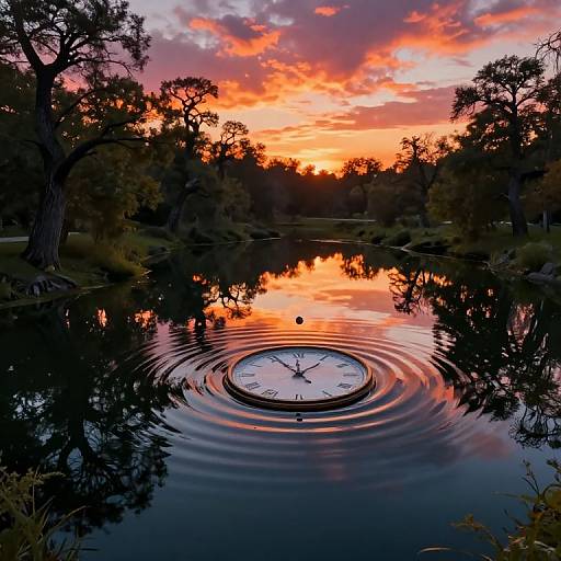 Photograph of a serene sunset over a tranquil lake, with ripples forming around a floating clock face, silhouetted trees, and vibrant orange