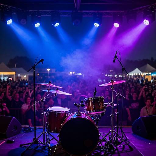 Photograph of a live concert with vibrant blue and purple stage lights, spotlighting a drum set in the foreground, and a packed audience in the background