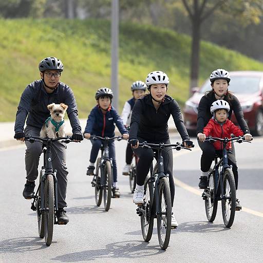 Family of Five Biking on Sunny Street