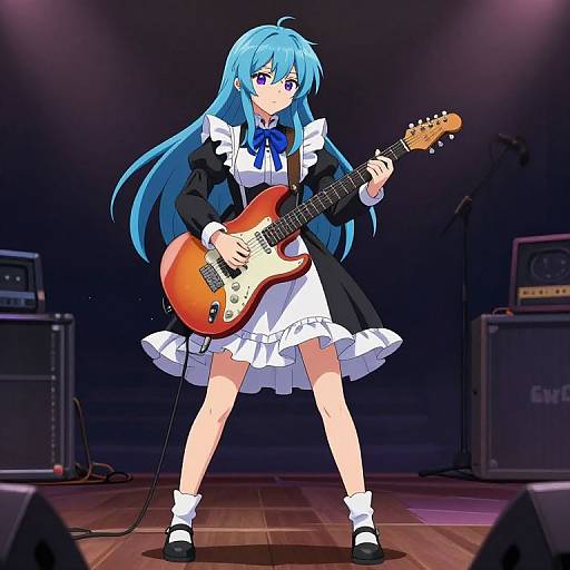 Anime-style digital drawing of a blue-haired girl in a black and white maid outfit, playing a red electric guitar on stage.