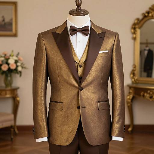 Photograph of a golden-brown, textured, three-piece suit with black lapels and bow tie, displayed on a mannequin in an elegant