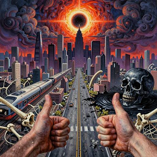 Digital artwork: Hands giving thumbs-up in foreground, urban street with skyscrapers, skull on right, fiery sun eclipse, dark clouds, train,