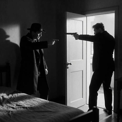 Black and white gun duel in dimly lit room