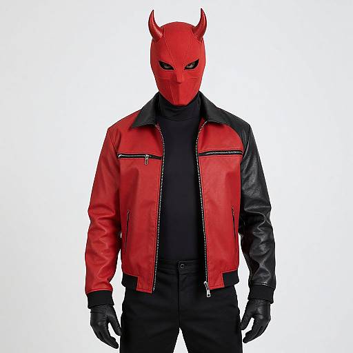 Photograph of a person wearing a red devil mask with horns, red leather jacket, black shirt, black gloves, and black pants. White background.