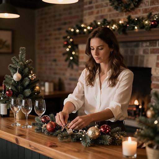 Festive Bar Scene with Focused Woman