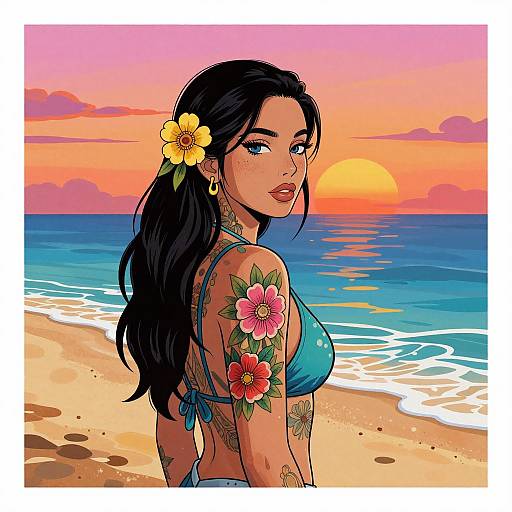 Digital illustration of a tattooed woman with long black hair, yellow flower in hair, blue bikini, looking back at sunset beach.