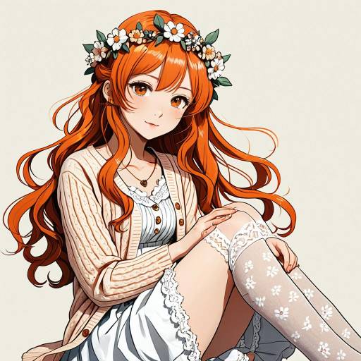 Anime Girl with Ginger Hair and Floral Crown
