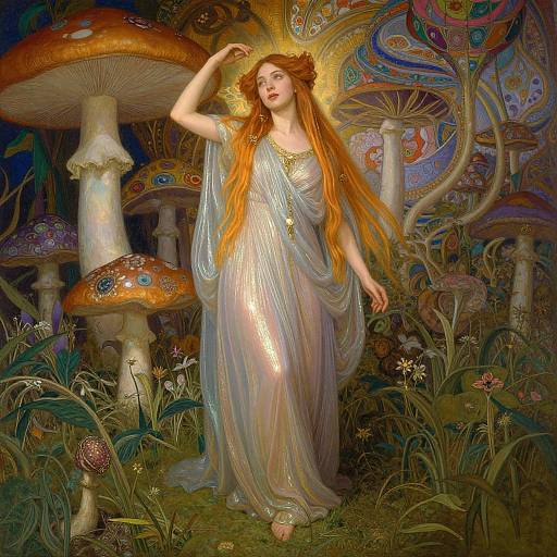 Digital fantasy artwork of a fair-skinned woman with long orange hair, wearing a shimmering, flowing dress, standing among large, colorful mushrooms and vibrant