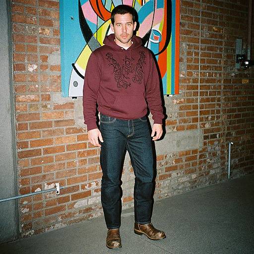 Photograph of a man with short dark hair, wearing a maroon hoodie, black jeans, and brown shoes, standing against a brick wall with colorful