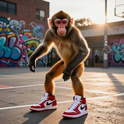 Photograph of a monkey wearing red and white Nike sneakers, standing on a sunlit, graffiti-covered urban street at sunset.