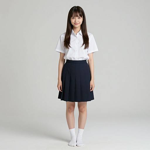 Photograph of a young Asian girl with straight black hair, wearing a white short-sleeve shirt, black pleated skirt, white socks, and