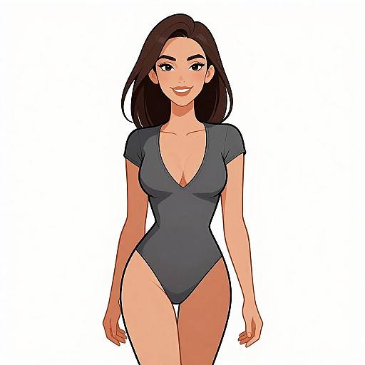 Digital anime-style illustration of a smiling woman with dark brown hair, wearing a deep V-neck, dark gray one-piece swimsuit. White background.
