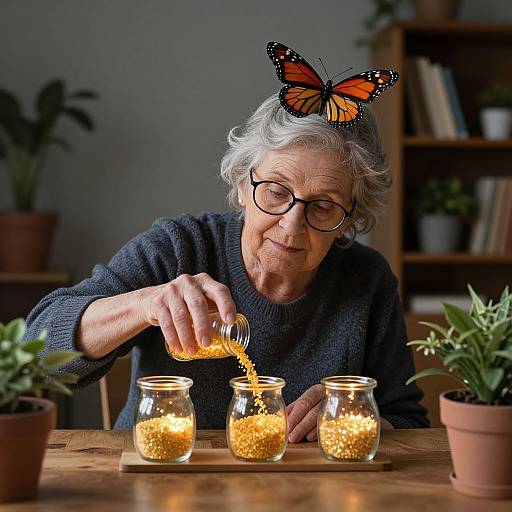 Photograph of an elderly woman with gray hair, glasses, and a butterfly headband, pouring glowing orange beads into three glass jars on a wooden table