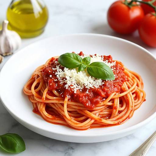 Photograph of a white plate with spaghetti topped with red tomato sauce, grated Parmesan, and fresh basil, with olive oil and tomatoes in the background