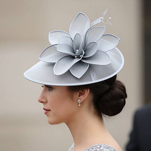 Photograph of an elegant Asian woman in profile, wearing a silver, flower-shaped, mesh fascinator hat and sparkling earrings, with dark hair in a