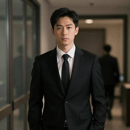 Serious East Asian Man in Dim Hallway