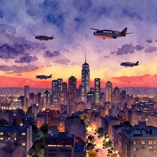 Watercolor-style digital painting of a city skyline at sunset, with four silhouetted planes in the purple and orange sky.
