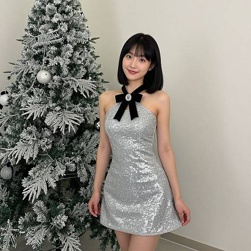 Asian woman with shoulder-length black hair in a silver sequin halter dress stands beside a frosted Christmas tree in a white-walled room. Photograph