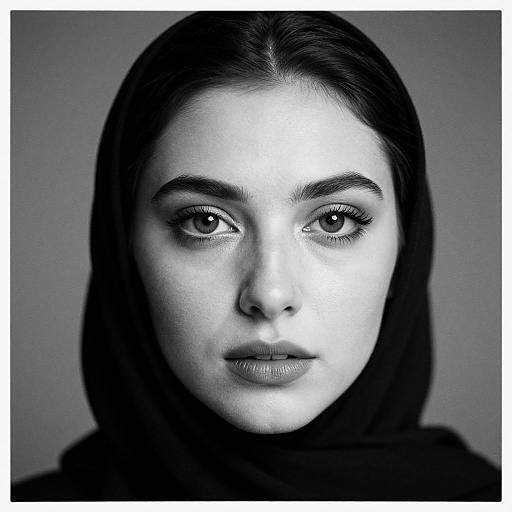 Black-and-white photograph of a woman with dark hair, intense eyes, and neutral expression, wearing a headscarf, against a plain gray background.