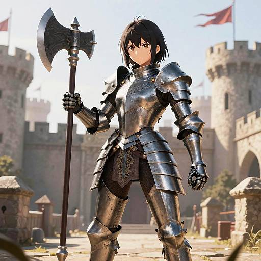 Anime-style digital artwork of a young woman with black hair in shiny silver armor, holding a large axe, standing in a sunlit medieval castle courtyard.