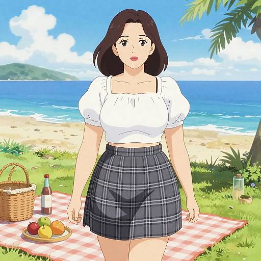 Curvy Woman at Seaside Picnic