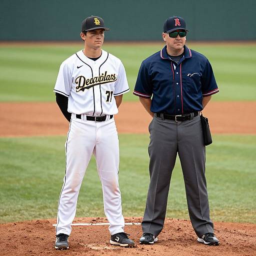 Photograph of a young male baseball player in white Delaware cap and uniform, standing beside an older male coach in navy shirt and gray pants on a baseball