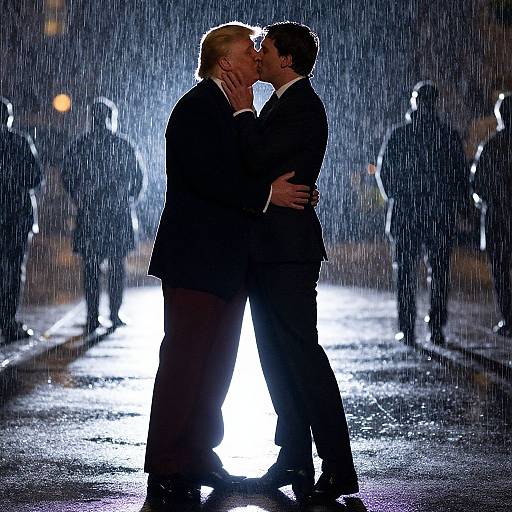 Photograph of two men in suits kissing passionately in a rainstorm, silhouetted against bright streetlights with blurred, shadowy onlookers