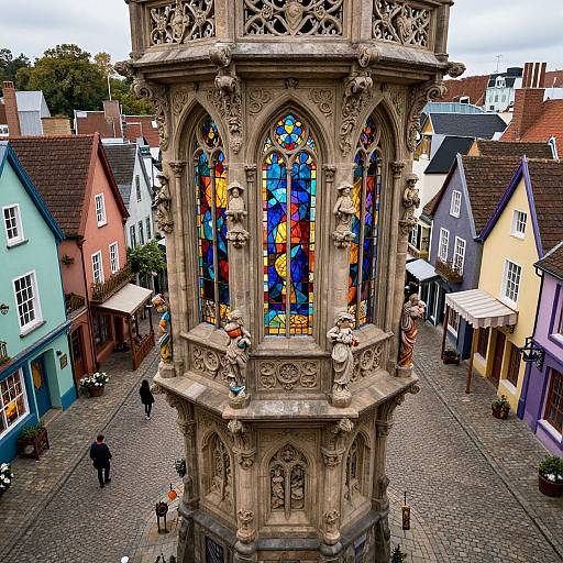 Photograph of an ornate, stone church steeple with colorful stained glass windows, set in a charming, cobblestone town square with past