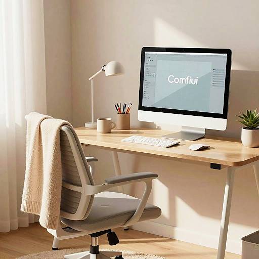 Photograph of a modern, sunlit desk with a white Apple iMac displaying 