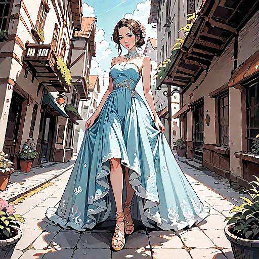 Woman in Blue Strapless Maxi Dress in Old Town Alley