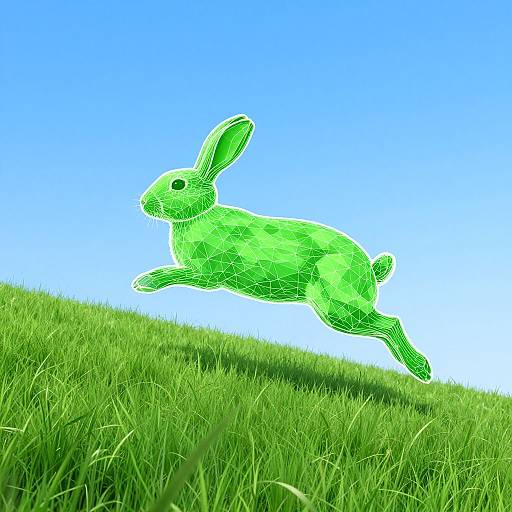 Digital wireframe of a green, translucent rabbit mid-leap on a grassy hill under a clear blue sky.