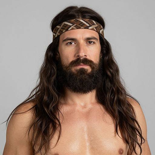 Photograph of a shirtless man with long, dark brown hair, full beard, and plaid headband, against a light blue background.