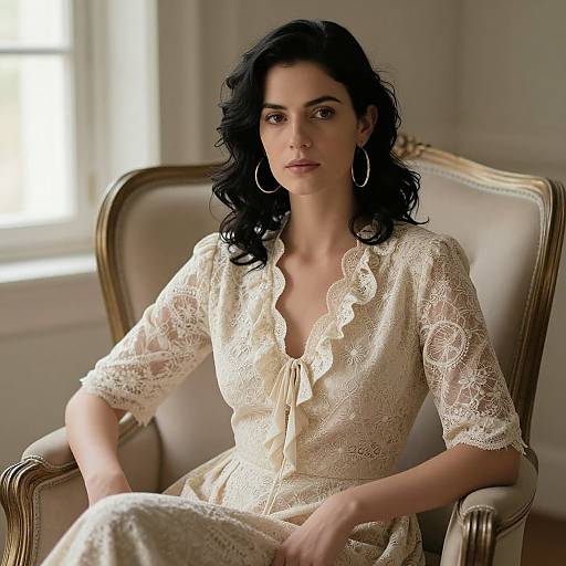Photograph of a pale-skinned woman with dark, wavy hair, wearing a cream lace dress and hoop earrings, seated in an elegant armchair