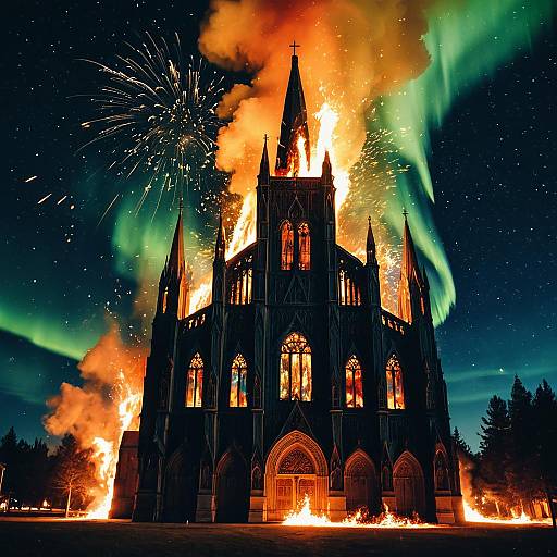 Fire burning cathedral with northern lights night sky