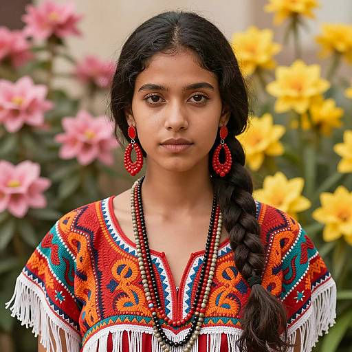Young Woman in Vibrant Embroidered Dress
