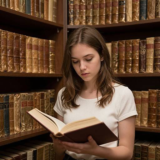 Photograph of a young girl with long brown hair, wearing a white t-shirt, reading a book in a library with tall, filled bookshelves