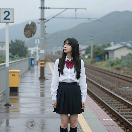Young Woman at Foggy Train Platform
