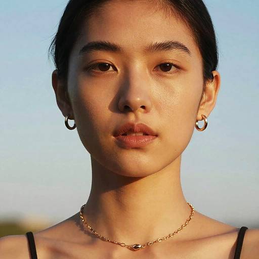 Portrait of Asian Woman Wearing Gold Jewelry at Sunset