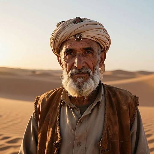 Photograph of an elderly Middle Eastern man with a white turban, brown beard, and traditional clothing, standing in a sunlit desert.