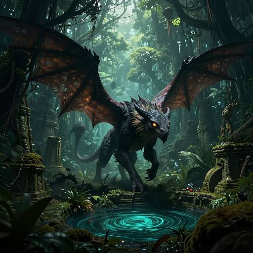 Digital fantasy artwork of a dark, winged dragon with glowing yellow eyes standing in a mystical, lush forest clearing, splashing into a glowing blue pond