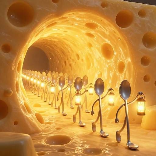 Photograph of a tunnel made from illuminated cheese with silver spoon figures holding lanterns walking through, creating a whimsical, warm glow.