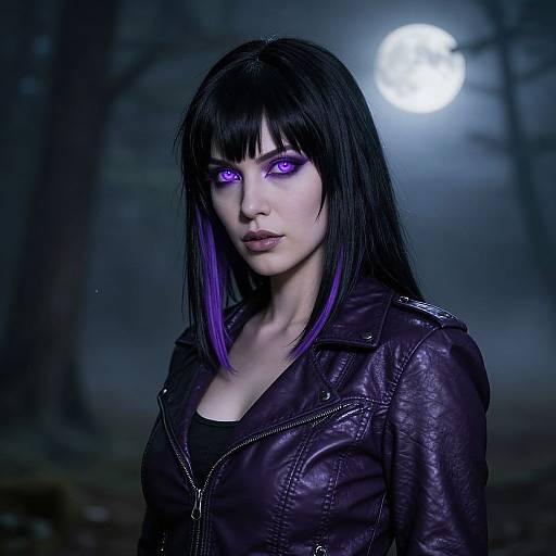 Photorealistic digital art of a pale-skinned woman with black hair and purple highlights, glowing purple eyes, wearing a dark purple leather jacket, under