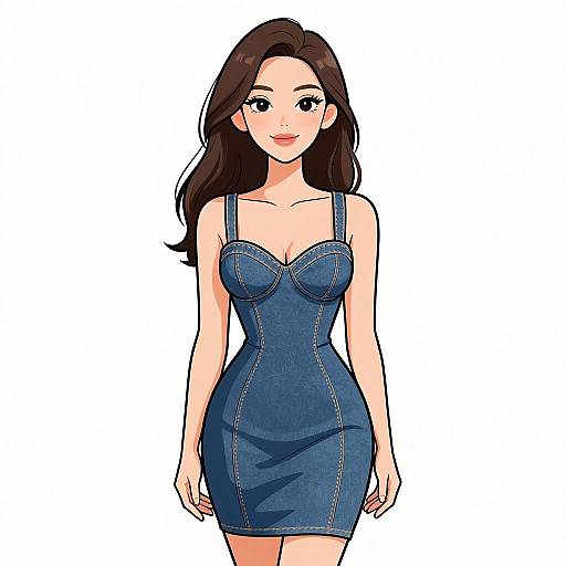 Digital anime-style drawing of a fair-skinned woman with long brown hair, wearing a tight, blue denim dress with strap details, standing against a plain