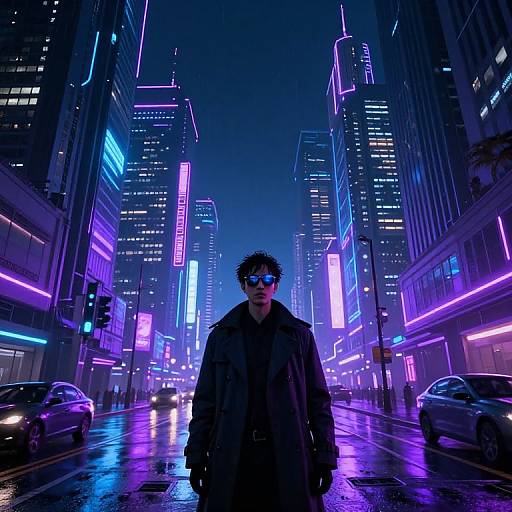 Cyberpunk night scene: Dark-haired man in sunglasses and black coat stands center, neon-lit skyscrapers, wet street, glowing purple and