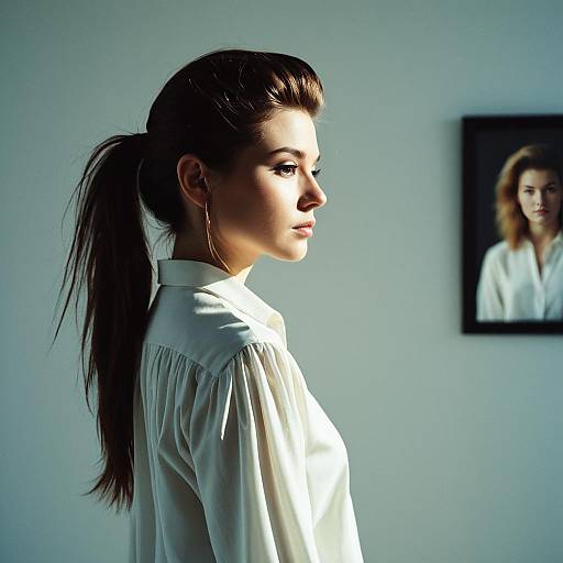Woman with Modern Mullet Hairstyle in Art Gallery